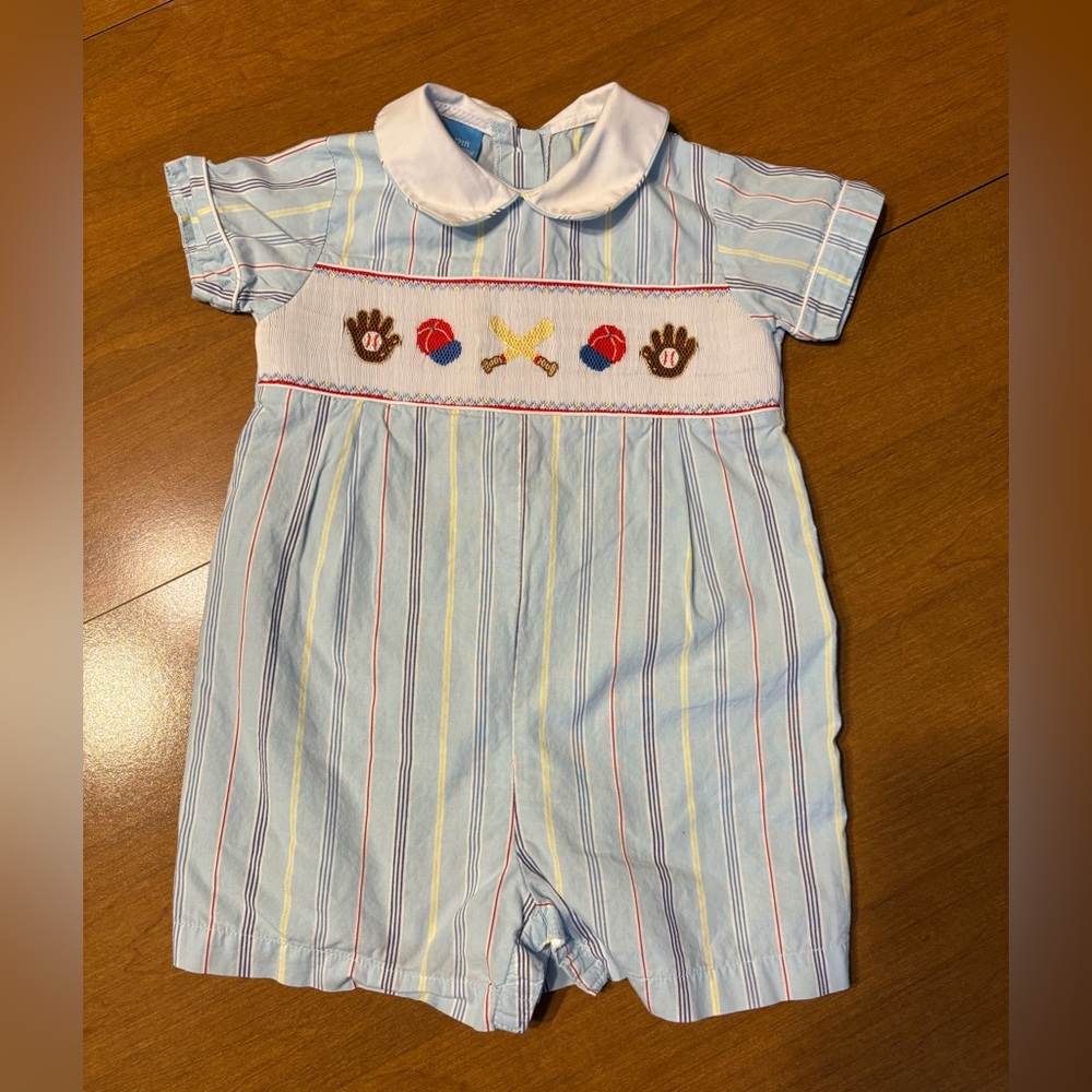 Striped Baby Romper with Sports Smocking sz 12 months